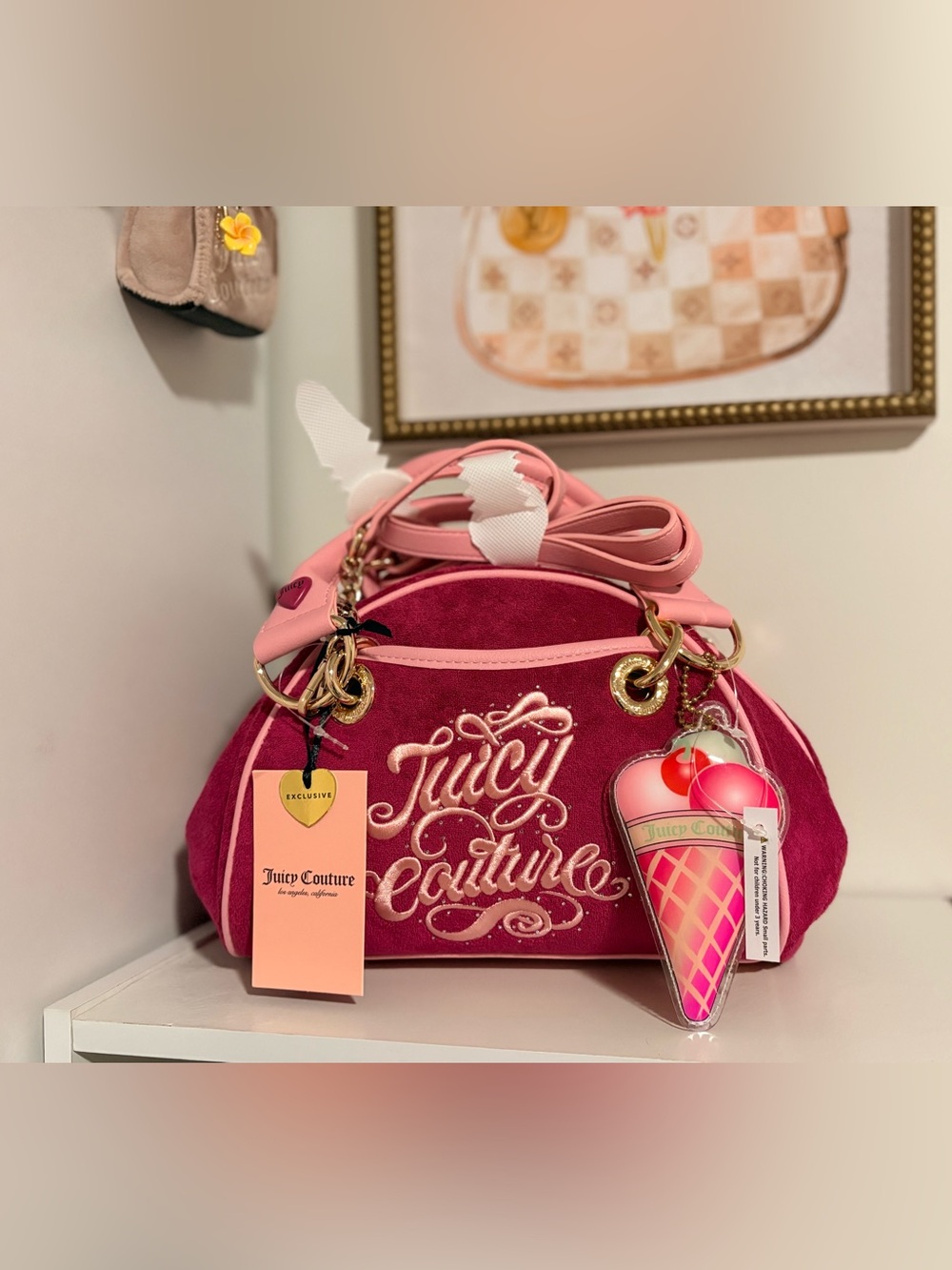 Juicy Couture Raspberry Pink Velvet Dome Satchel with Ice Cream Charm NWT